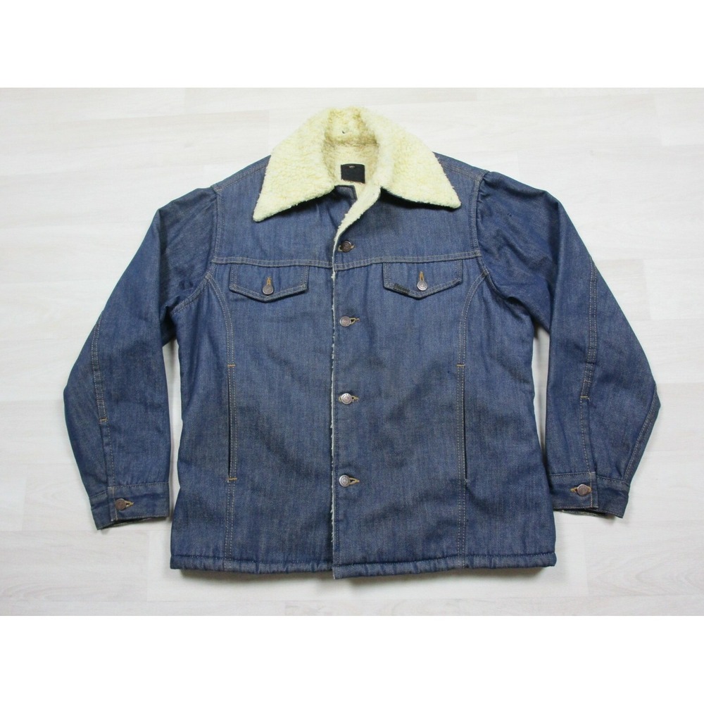 Vintage 1970's Sears Roebucks Sherpa Denim Lunch‎ Coat Dark Jean Work Wear USA